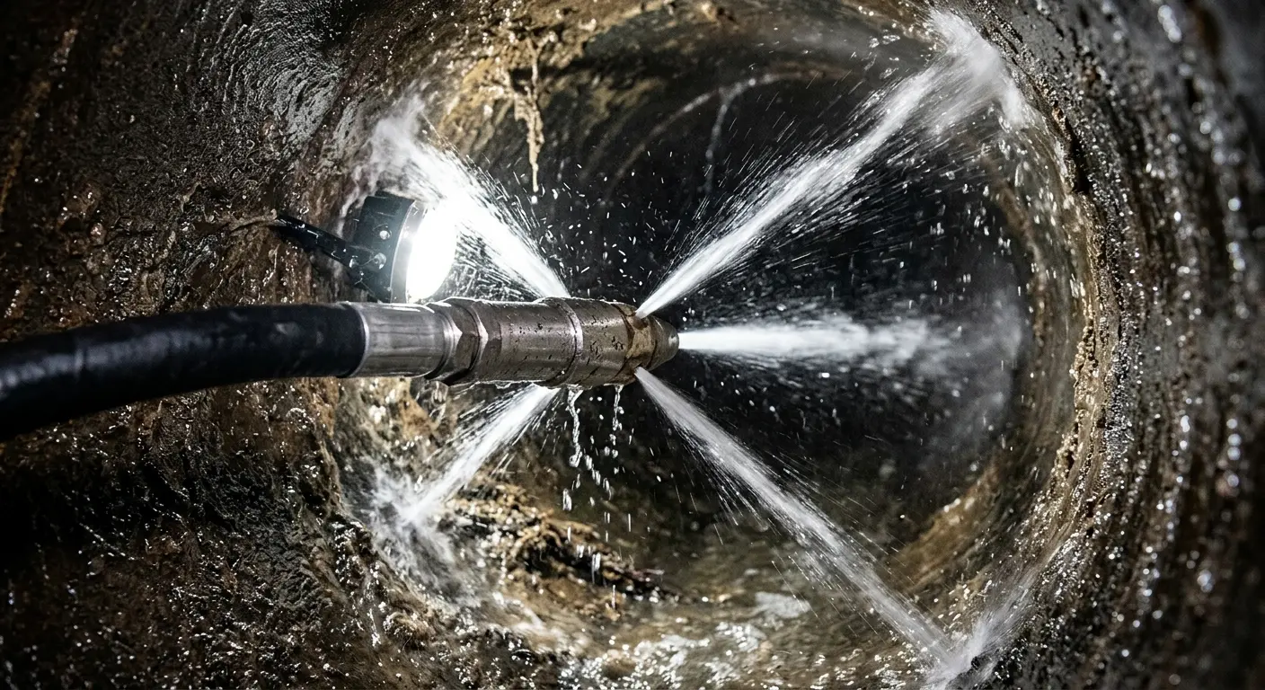High-pressure hydro jetting nozzle cleaning sewer pipe for Sewer Line Relining in East Huntingdon