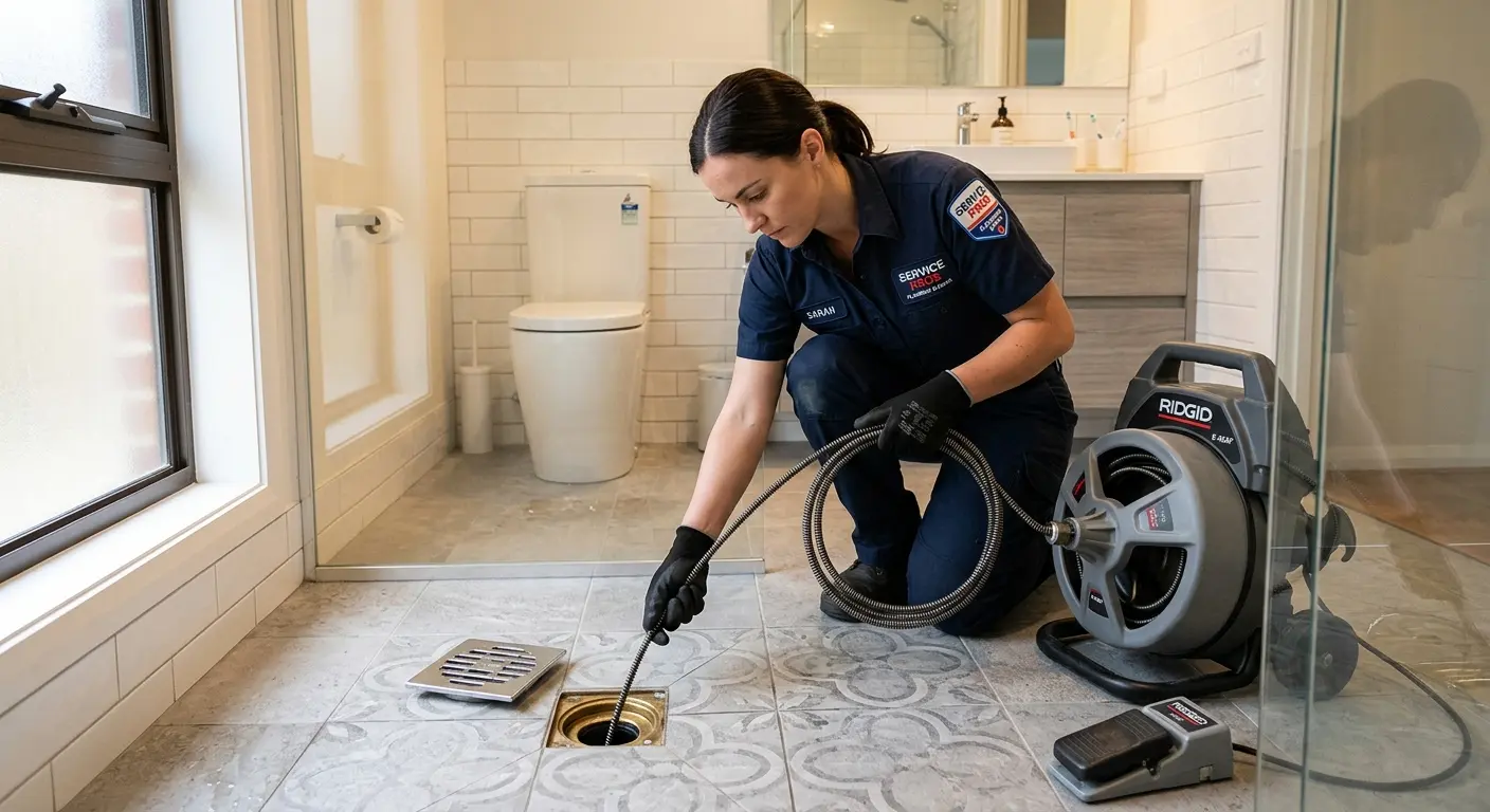 Technician clearing a bathroom floor drain for Sewer Line Installation in East Huntingdon